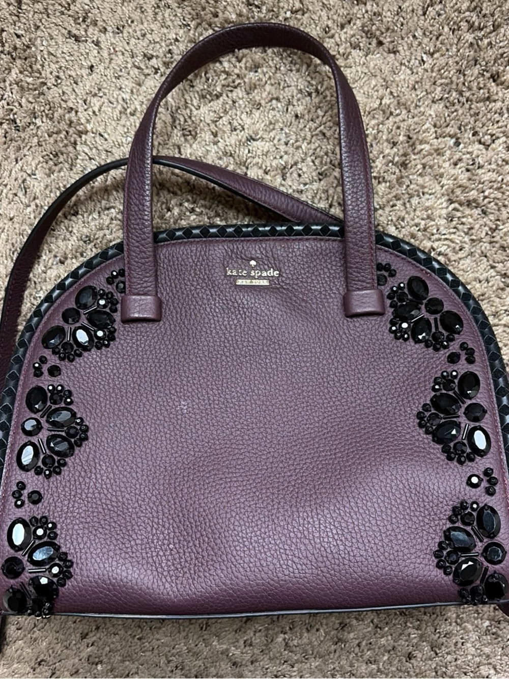 Kate Spade New York purple  leather handbag with black floral embellishments